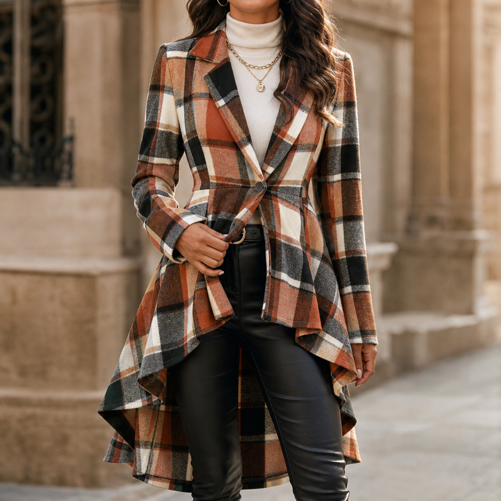 Wearbella – Płaszcz Peplum w Kratę z Wcięciem w Talii