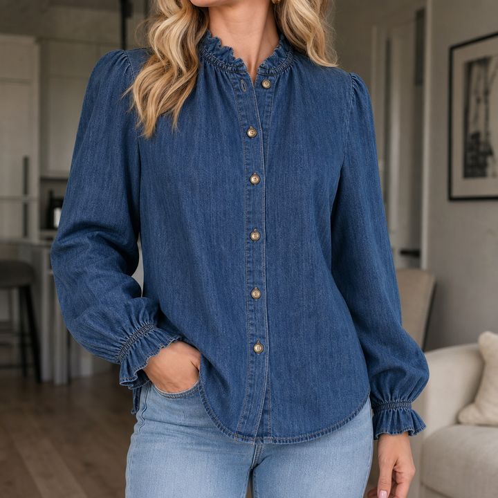 Wearbella – Bluzka z falbanami i stójką, wyglądająca jak dżins