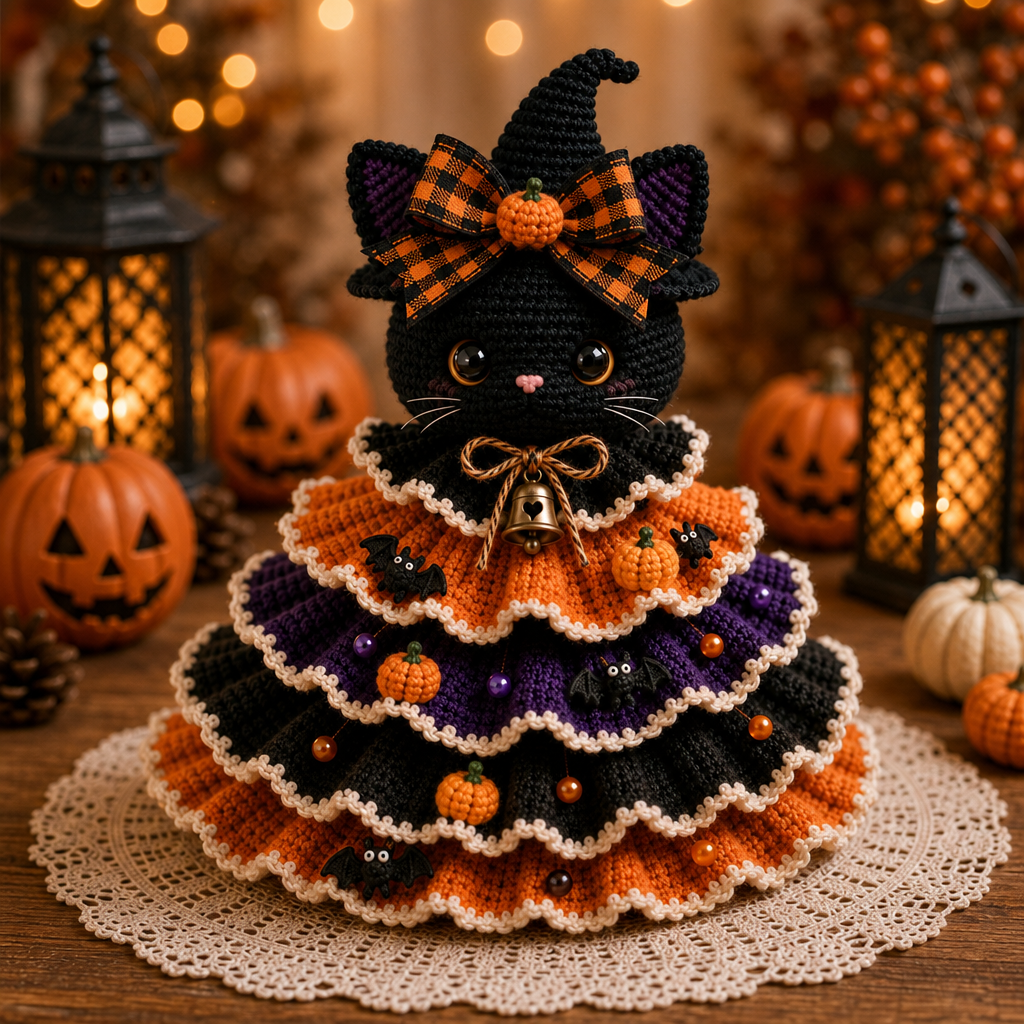 Hallowstitch – Warstwowy Szydełkowy Kot Czarownica na Halloween