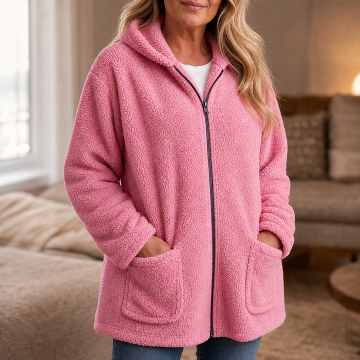 Cozelle – Pluszowa Kurtka z Kapturem w Rozmiarze Oversized z Zapięciem na Zamek