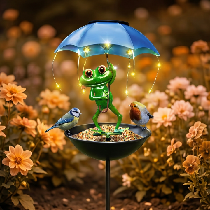 Magiczna Żaba – Solarna Lampa Ogrodowa z Karmnikiem dla Ptaków