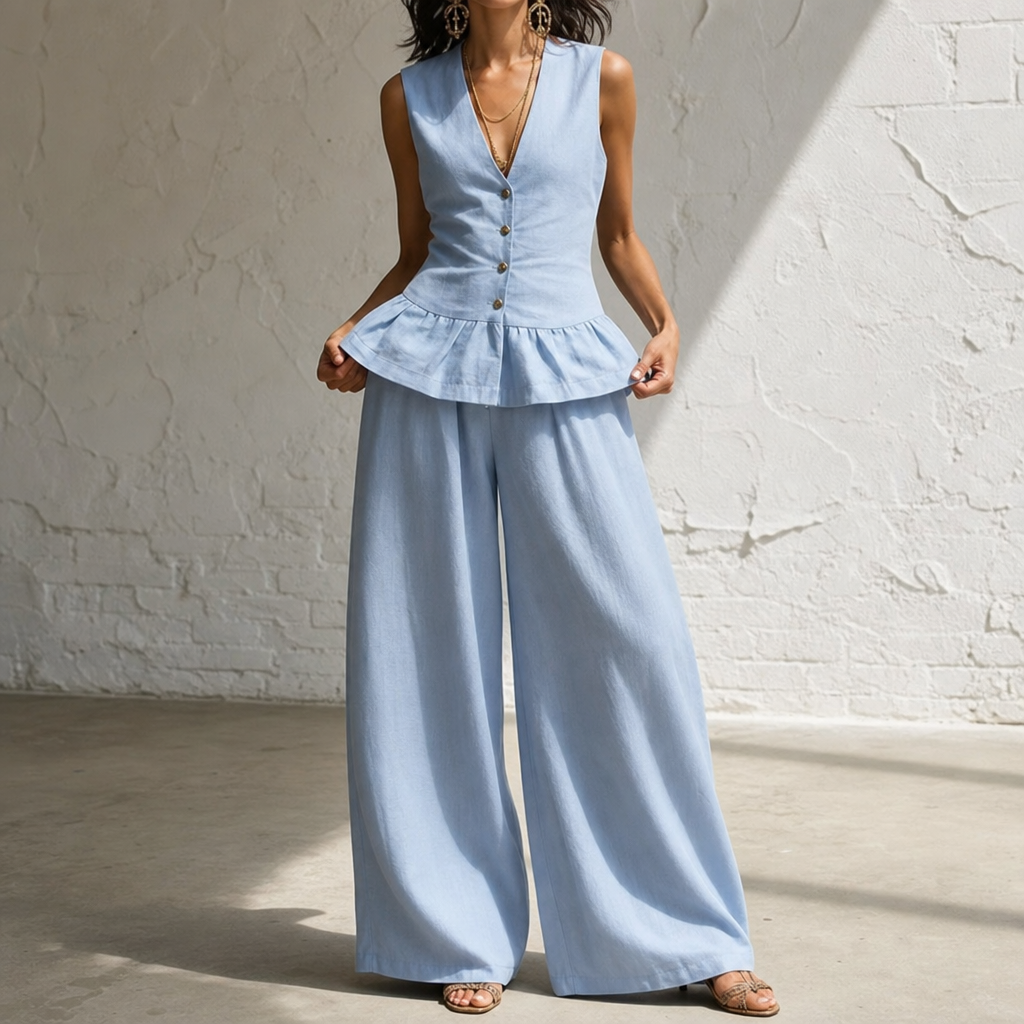 Wearbella – Zestaw Topu Peplum i Spodni Palazzo z Szerokimi Nogawkami
