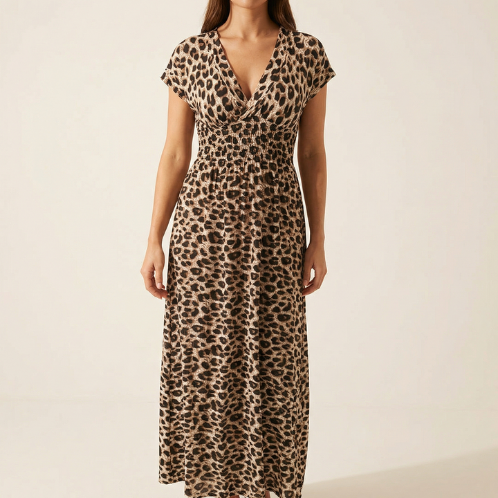 Vivara – Sukienka maxi w leoparda z marszczonym pasem