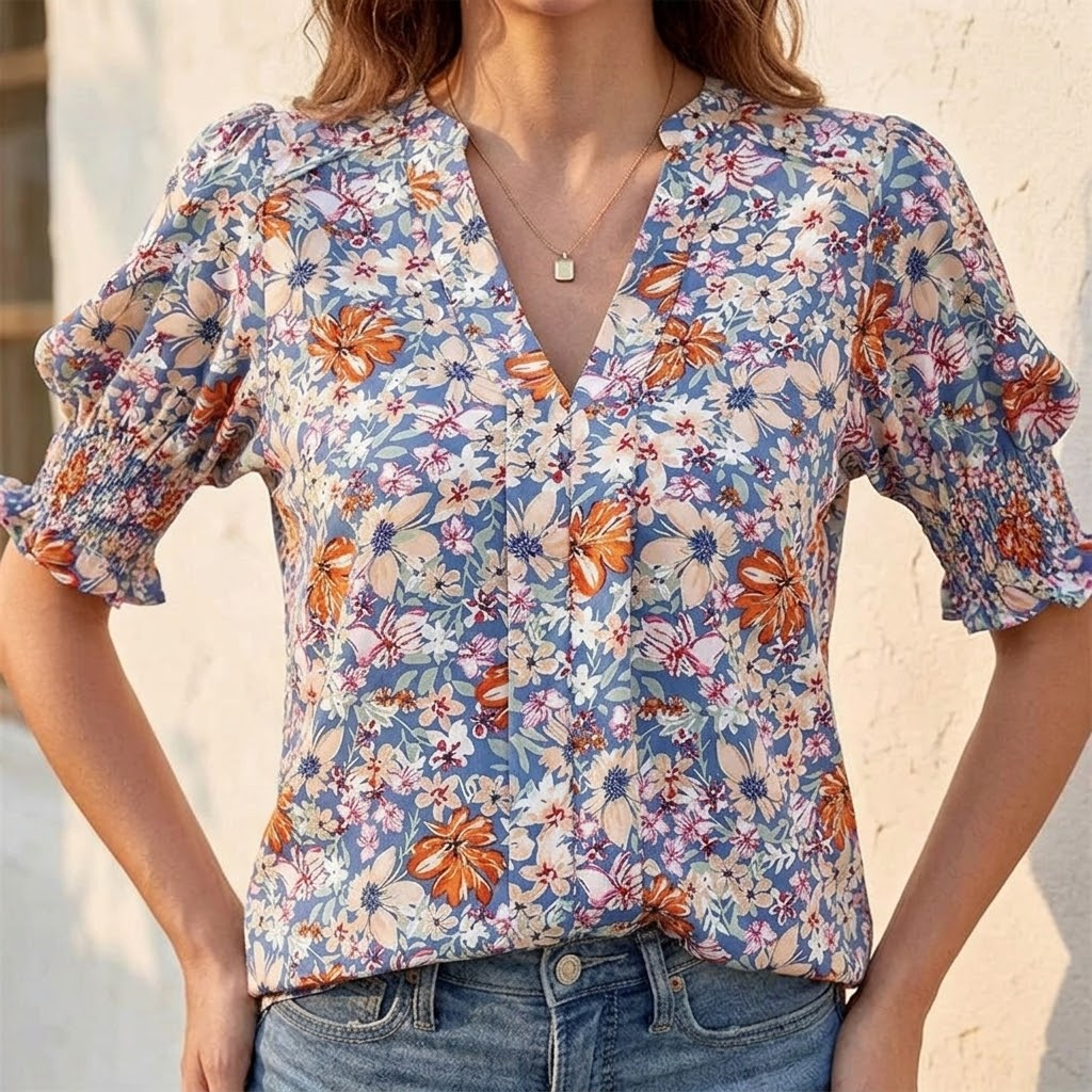 Florenza – Bluzka damska z kwiatowym nadrukiem, puff sleeves i dekoltem w serek
