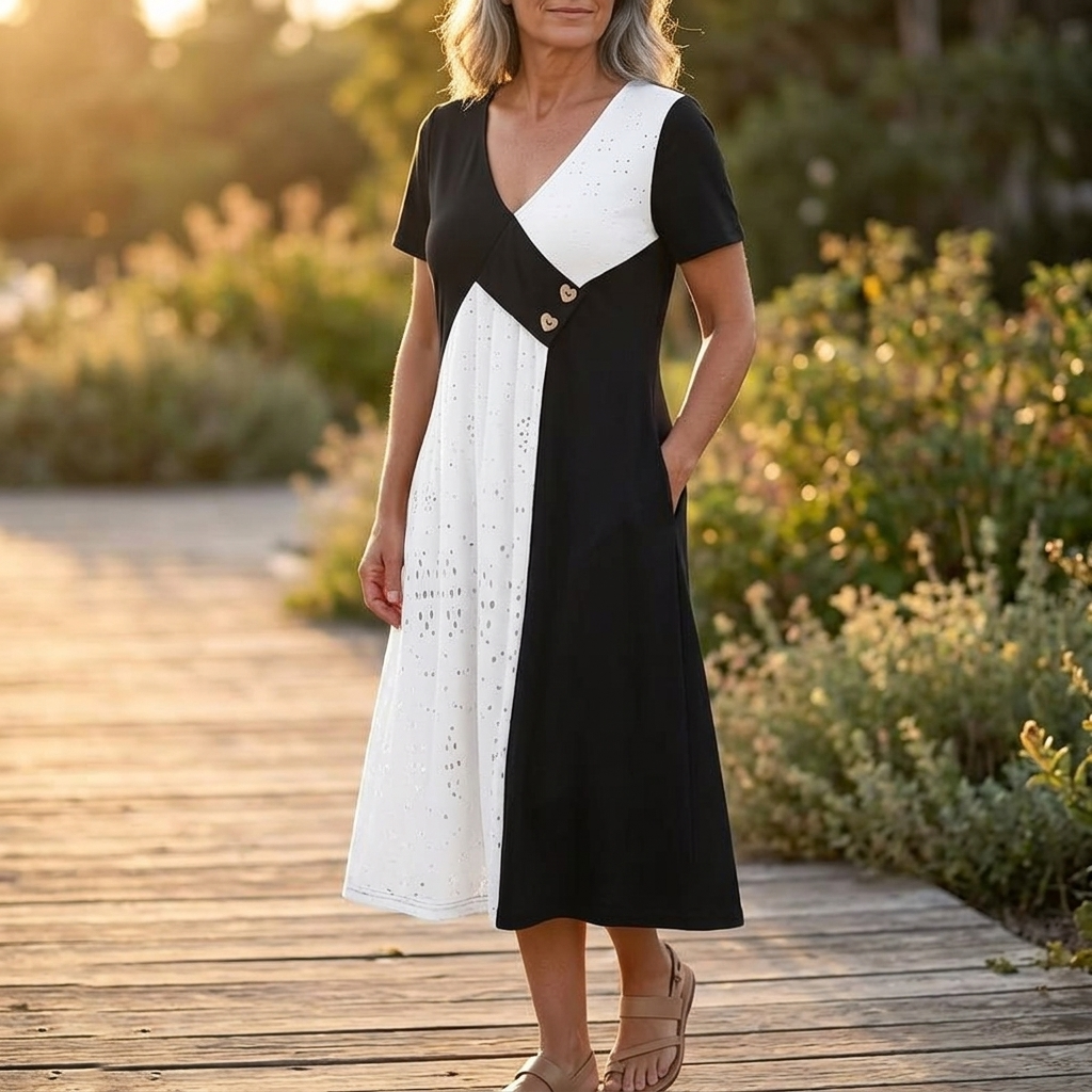 Vivara - Midi Sukienka V-Neck w Diagonalnym Patchworku