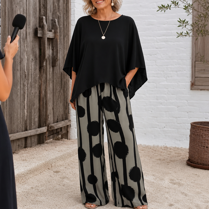 Lunetta – Asymetryczny Poncho Top i Szerokie Spodnie