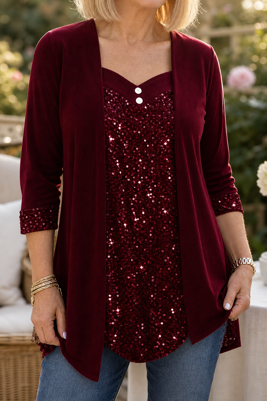 Veluxe Duo – Wieczorowy top z cekinowym przodem w stylu mock-layer