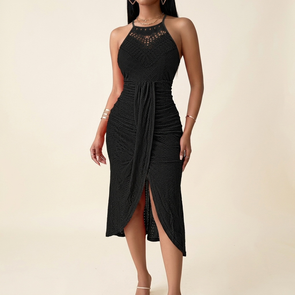 Vivara – Damska maxi sukienka na szyję z koronką