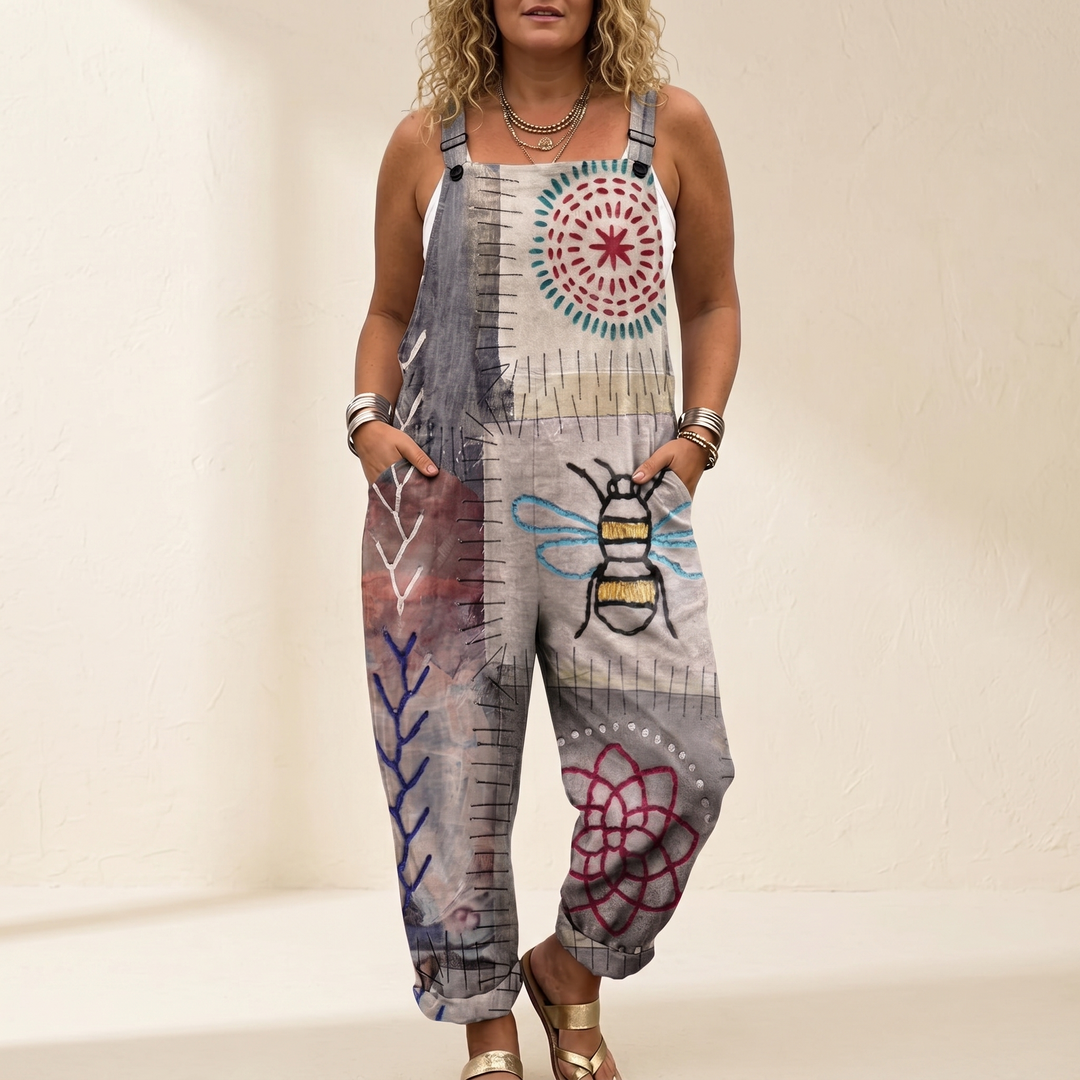QueenBee – Damski Artystyczny Print Plus-Size Ogrodniczki