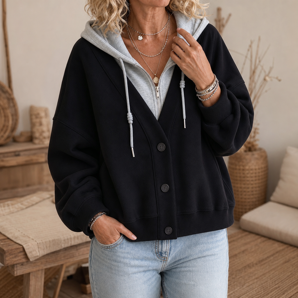 Layerelle – Kolorowy Blokowany Hoodie z Faux-Warstwą i Dekoltem w Serek
