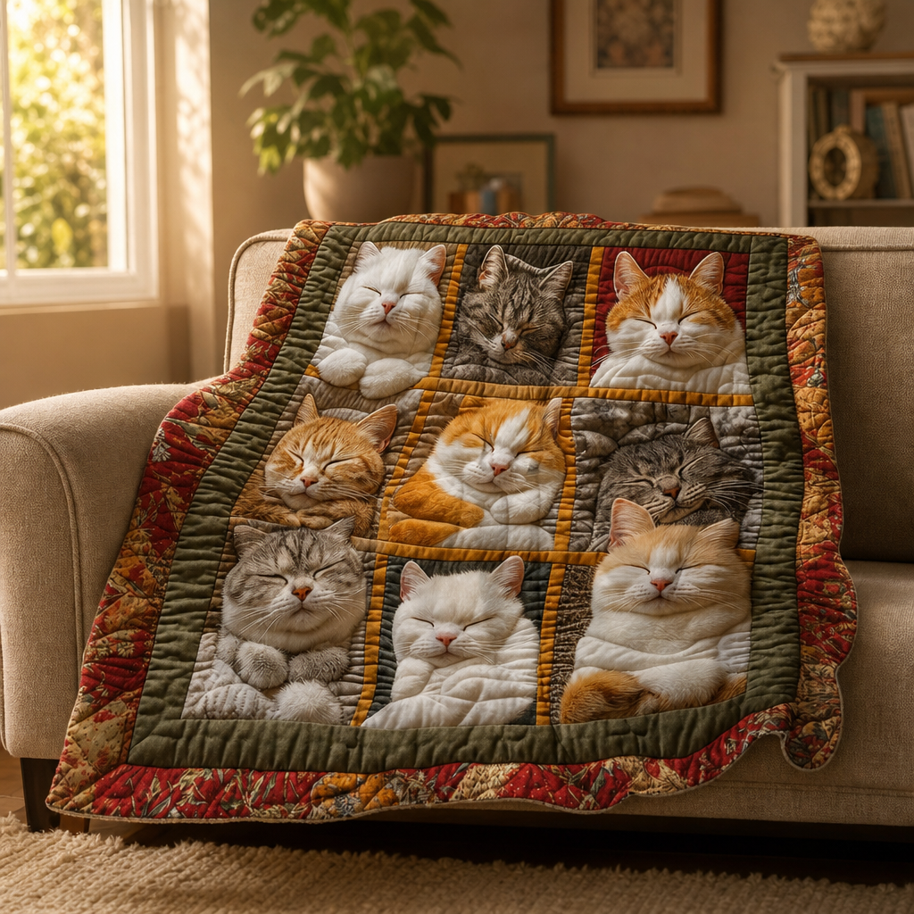 Purrfecto – Odwracalny koc flanelowy z dziewięcioma śpiącymi kotami