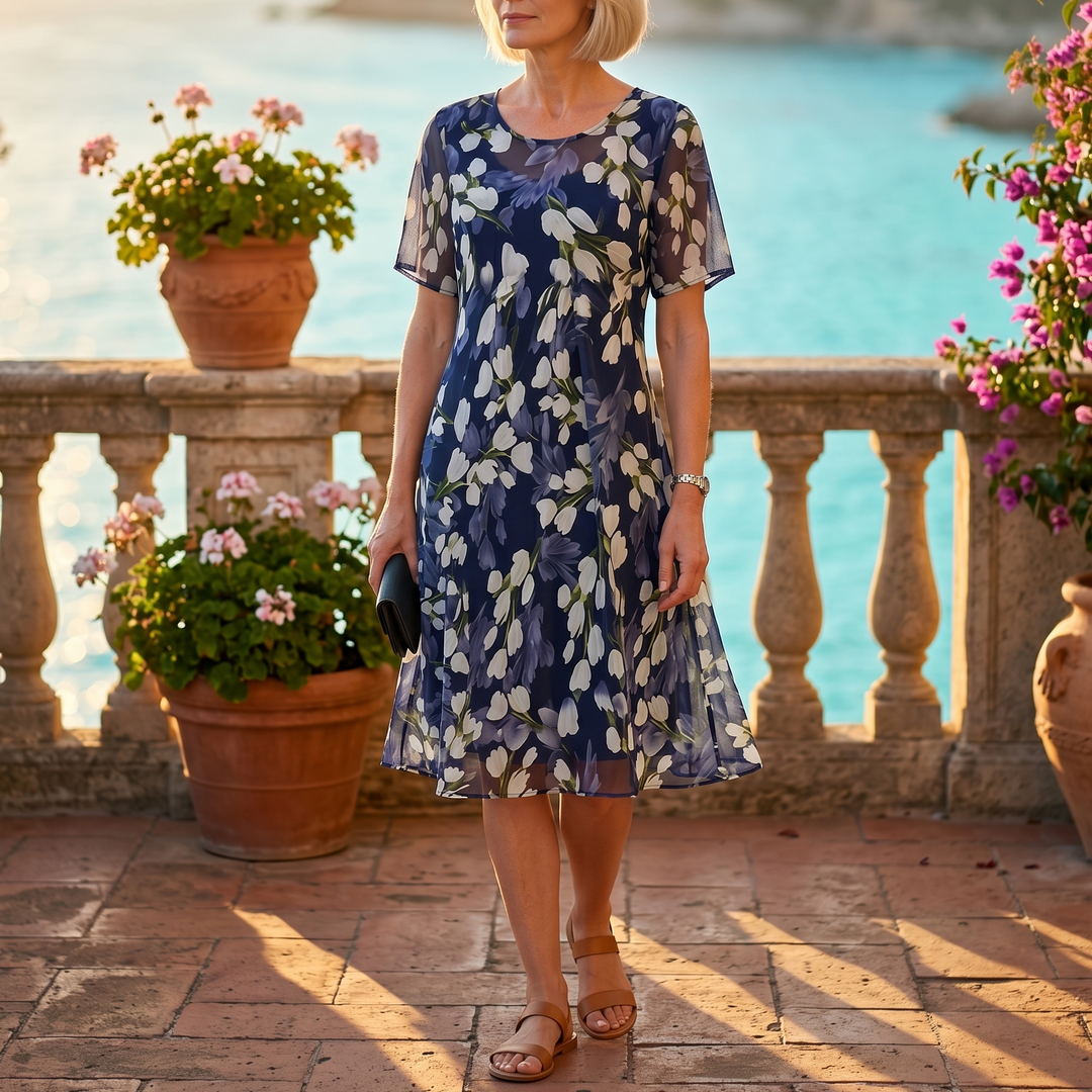 Florenza – Elegancka granatowa sukienka midi w kwiaty dla kobiet