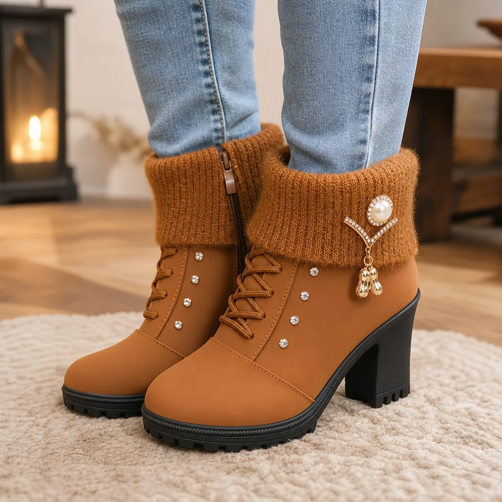 Wearbella – Botki na obcasie z futrzanym wykończeniem i kamieniami