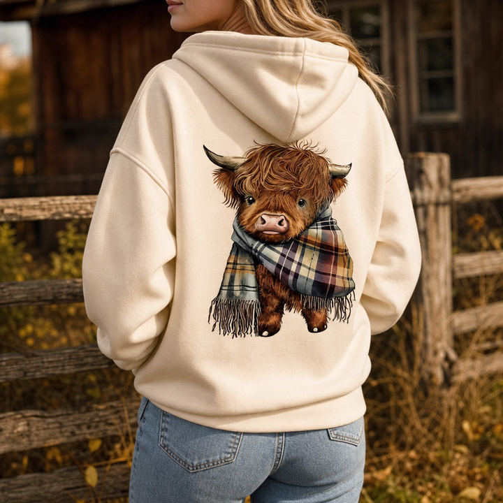 Highland Hearth – Bluza z kapturem z polarem w środku z grafiką Highland Cow