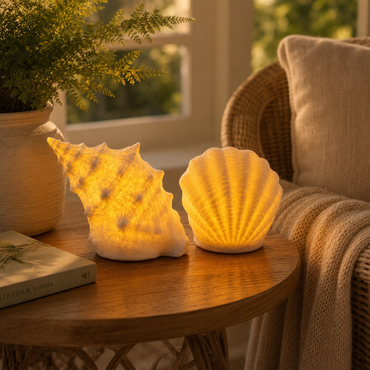 Coastal Glow Co. – Zestaw ceramicznych lamp w kształcie muszli i konchy
