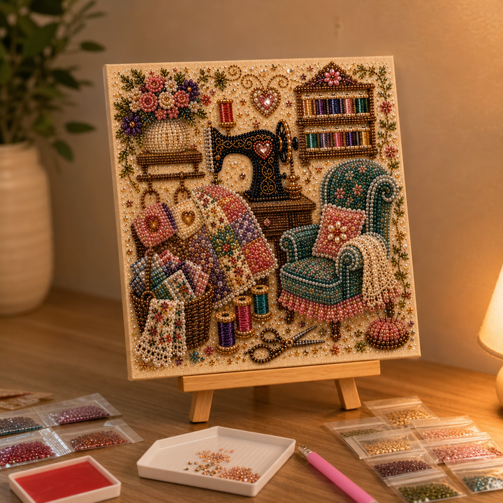 CozyGlow – Zestaw do haftu diamentowego w pracowni krawieckiej
