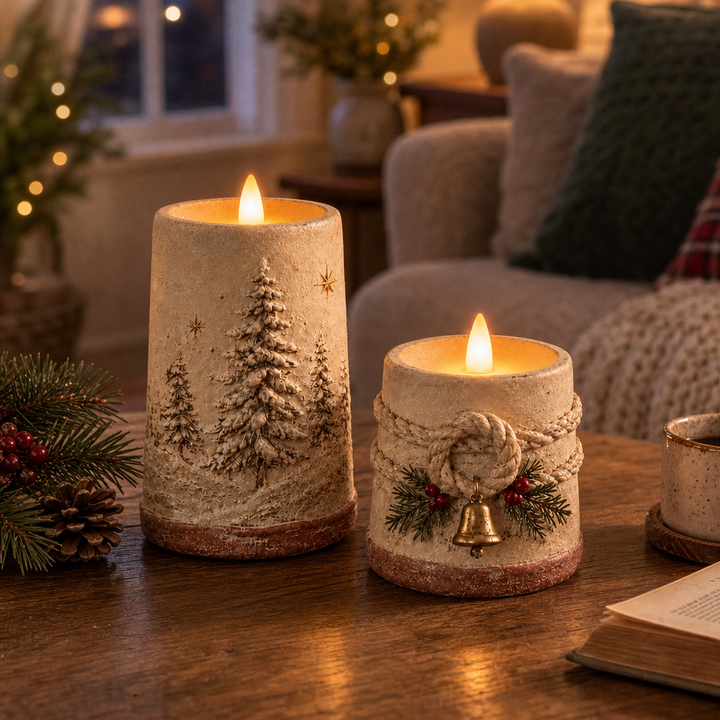 Hearthglow – Ręcznie malowana rustykalna świeca LED w kształcie słupa (zestaw 2 sztuk)
