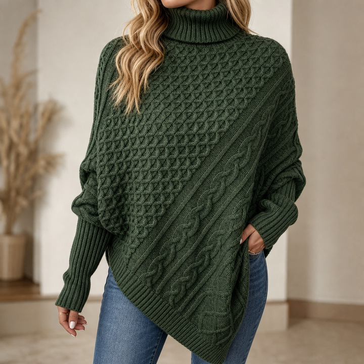 Cable &amp; Cove – Sweter Poncho z Golfem w Warkocze