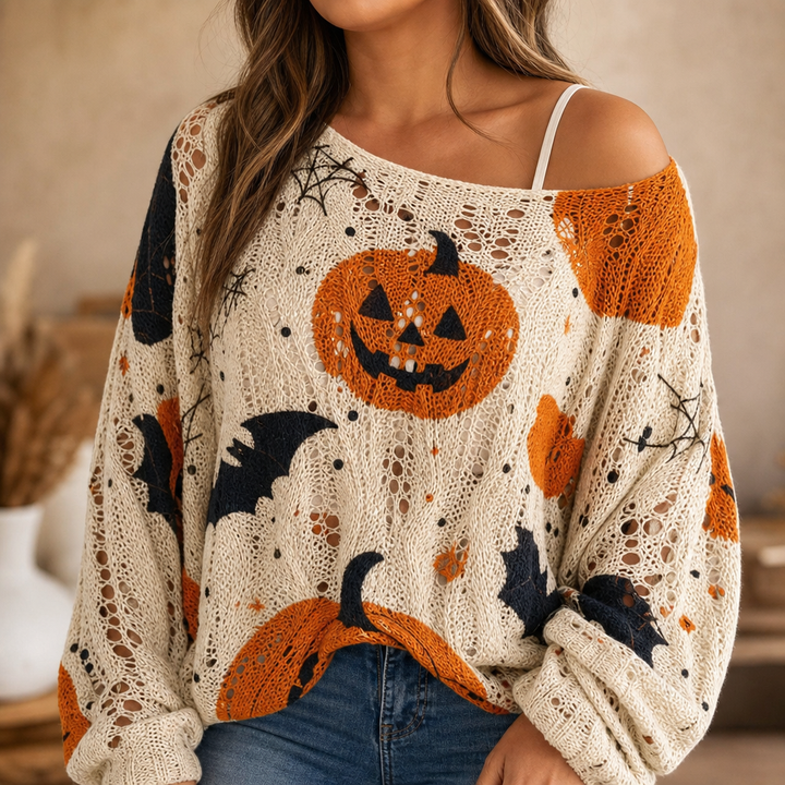 Amberknit – Sweter Dyniowy z Otworami w Szydełku