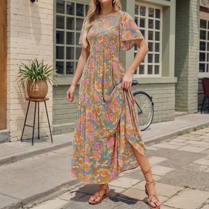 Florenza – Sukienka maxi w kwiaty z marszczeniem na wiosnę