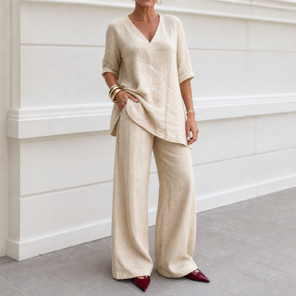 Draperly – Dwuczęściowy zestaw w stylu lnianym z dekoltem w serek