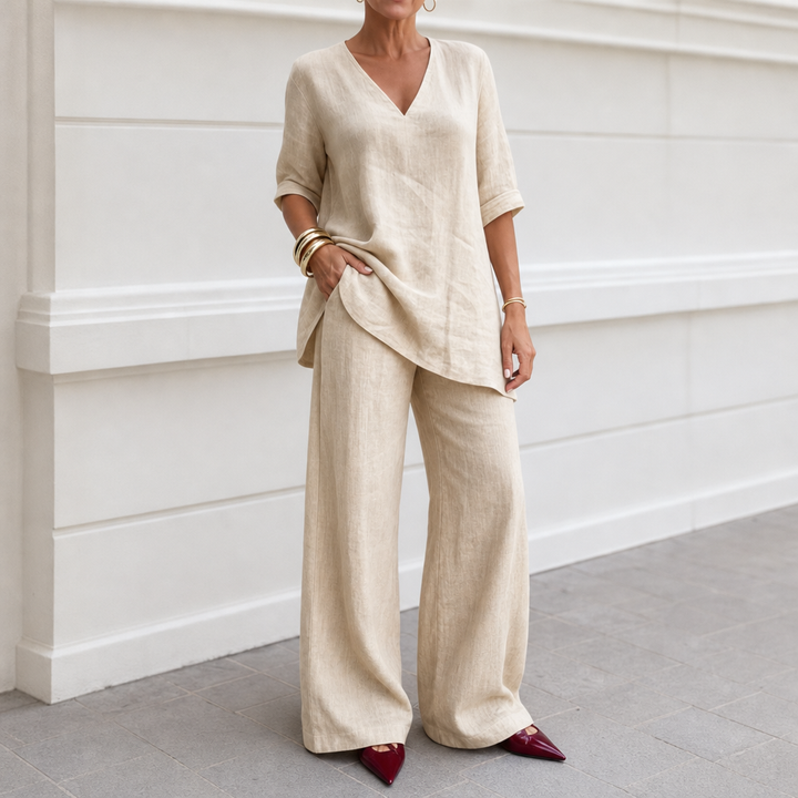 Draperly – Dwuczęściowy zestaw w stylu lnianym z dekoltem w serek
