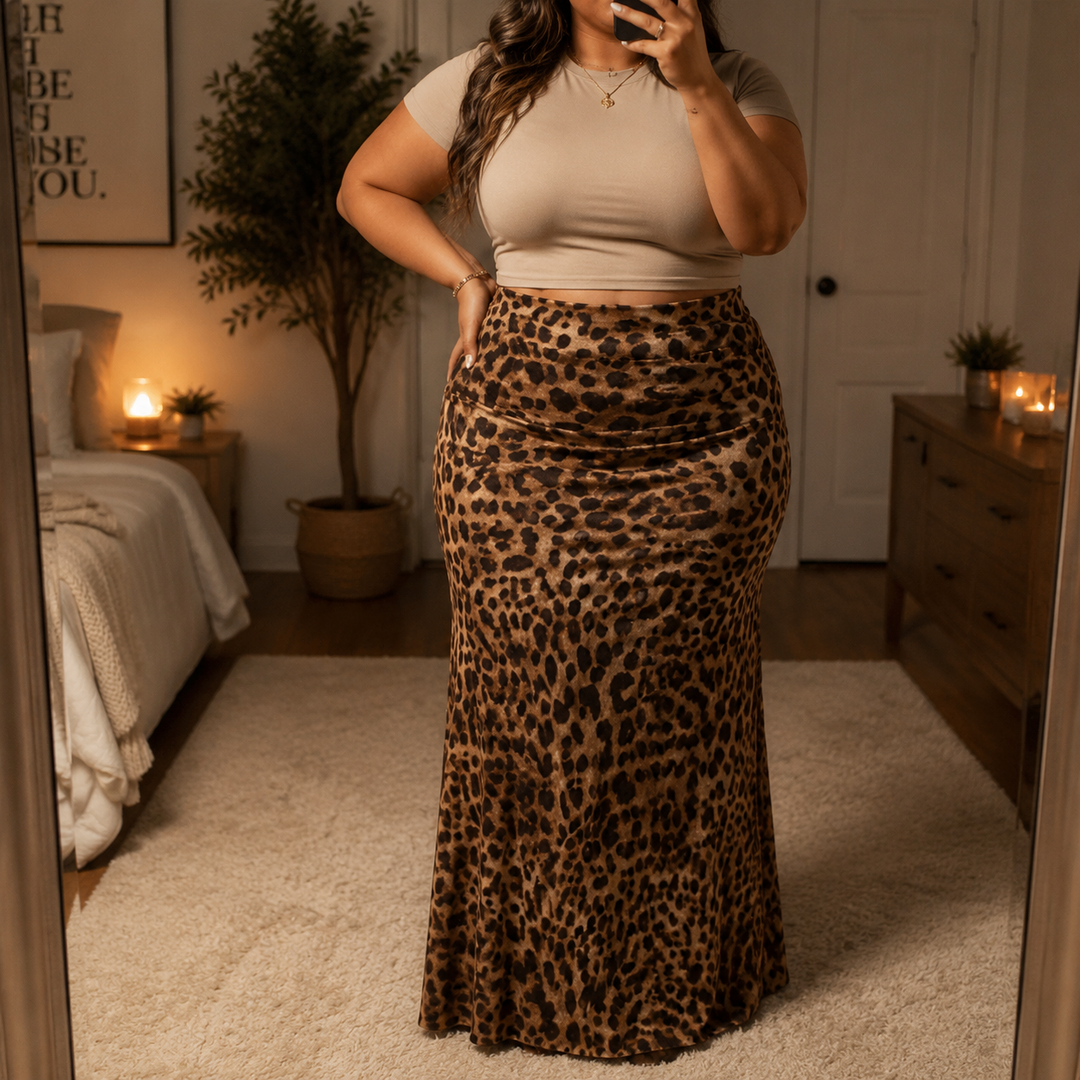 Velora – Spódnica maxi w leopardzie wzorze dla kobiet o krągłych kształtach