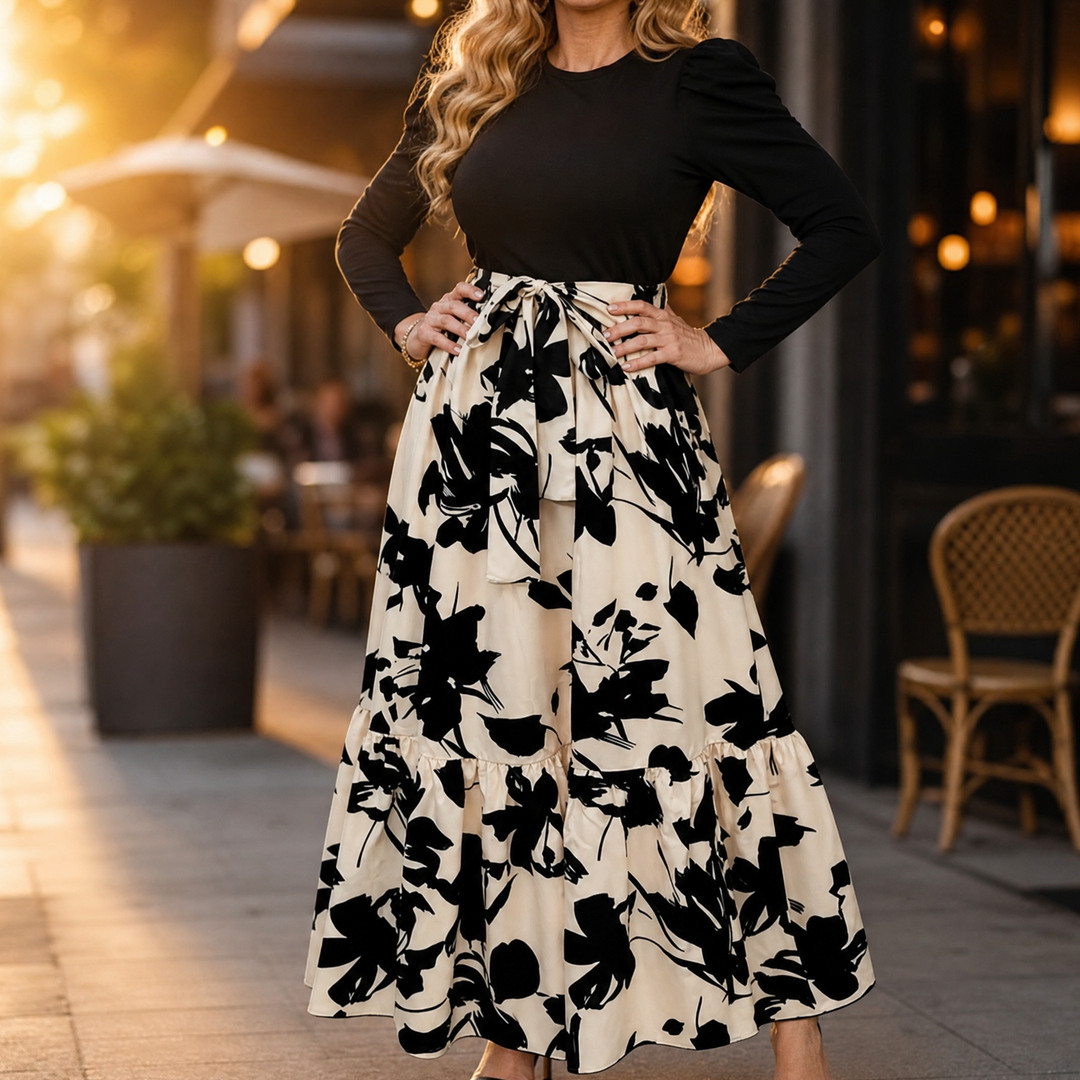 Florenza – Damska sukienka maxi w kwiaty z wiązaniem w talii