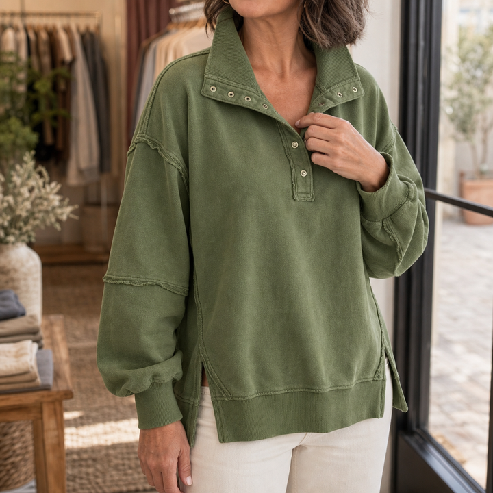 Draperie – Koszulka Henley z Suwakiem i Surowymi Krawędziami