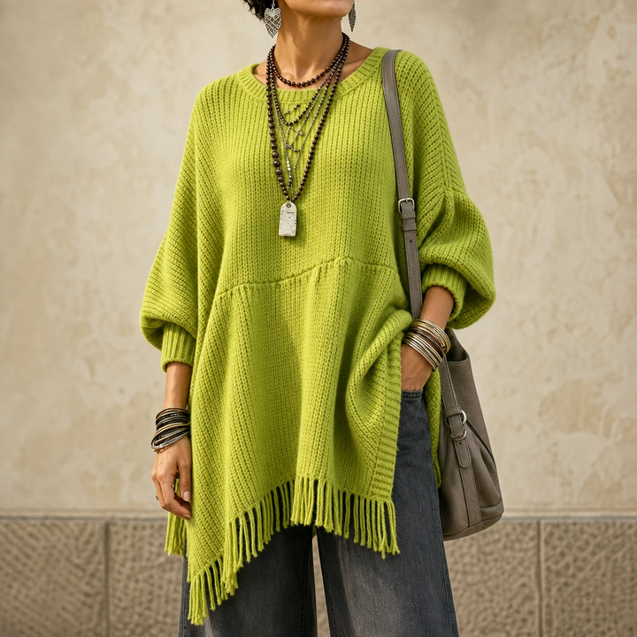 Limehaven – Teksturowany Poncho z Frędzlami i Rękawami Batwing