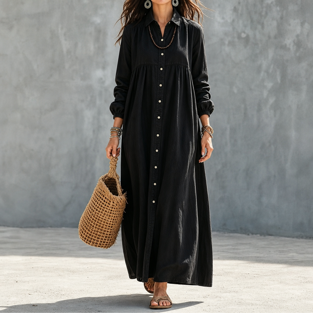 Linalle – Sukienka maxi z przodu na guziki w stylu lnianym