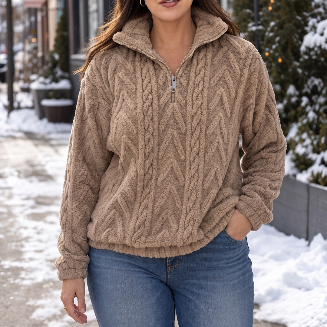 Cable &amp; Cozy – Sweter z dzianiny warkoczowej z krótkim zamkiem