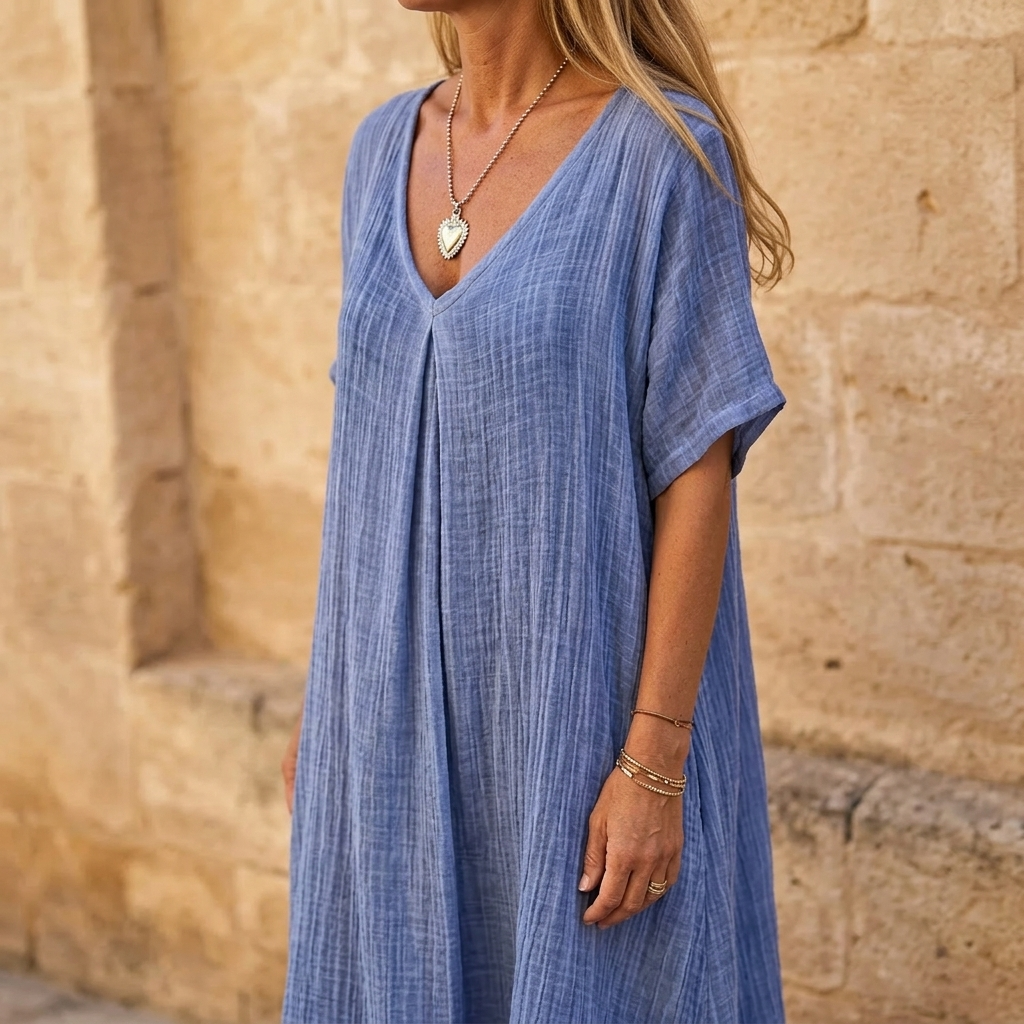 Linara – Sukienka V-Neck z Bawełny i Lnu dla Kobiet