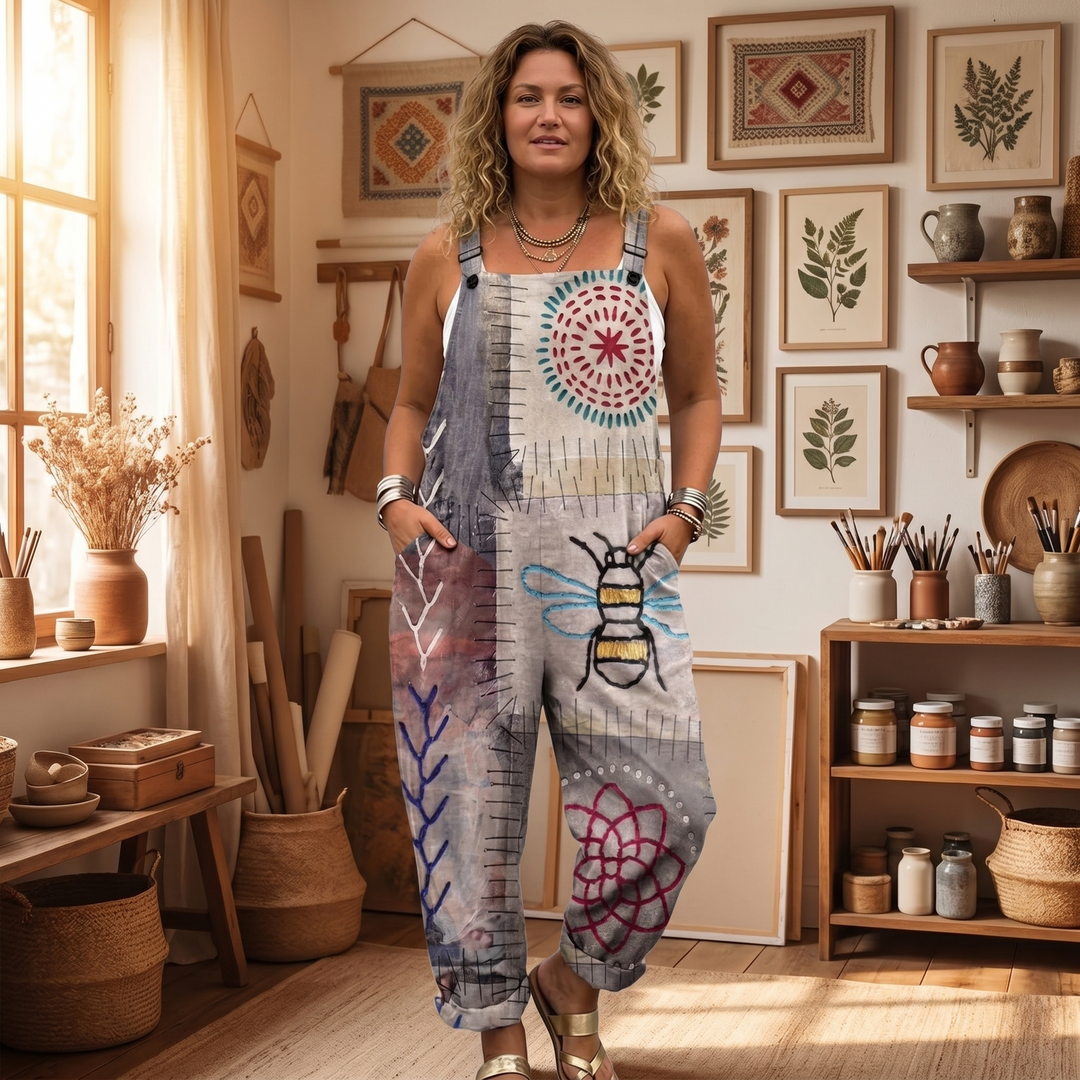 QueenBee – Damski Artystyczny Print Plus-Size Ogrodniczki