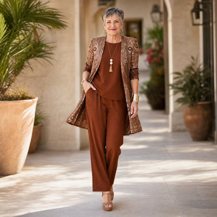 Trielle – Damski zestaw 3-częściowy z nadrukiem, duster, top i szerokie spodnie