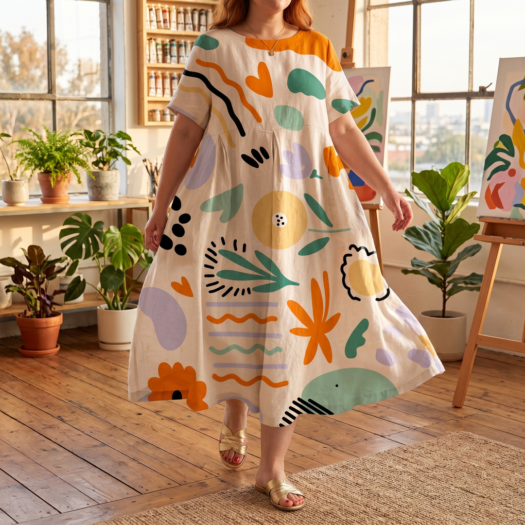 Luna – Midi sukienka w rozmiarze plus-size z artystycznym nadrukiem