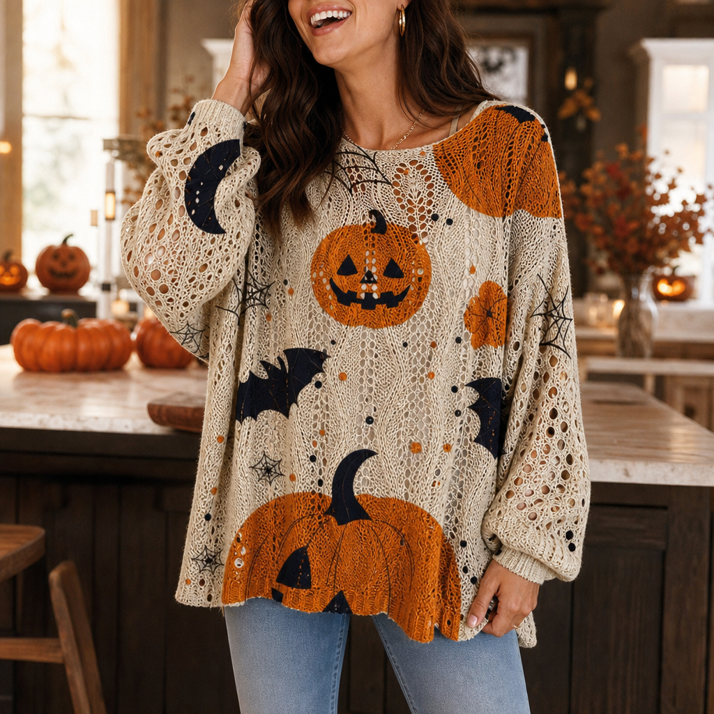 Harvestknit – Sweter z intarsjami w dynie i nietoperze