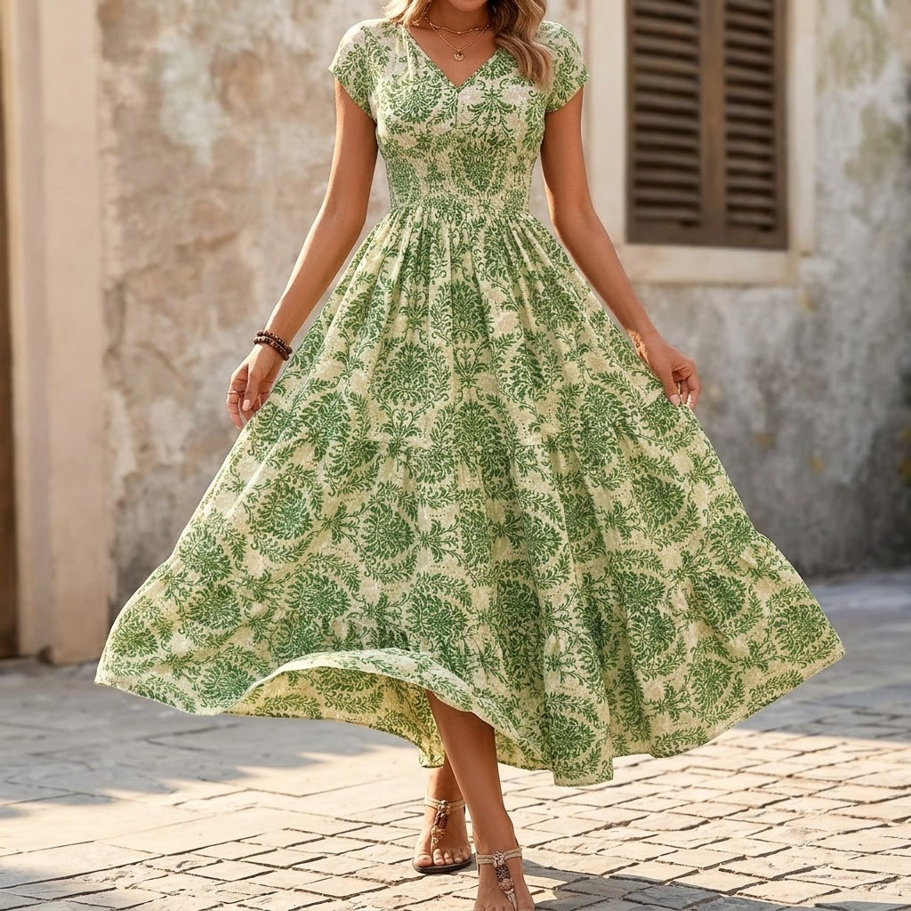 Florenza – Damska sukienka maxi w kwiaty z marszczonym stanem