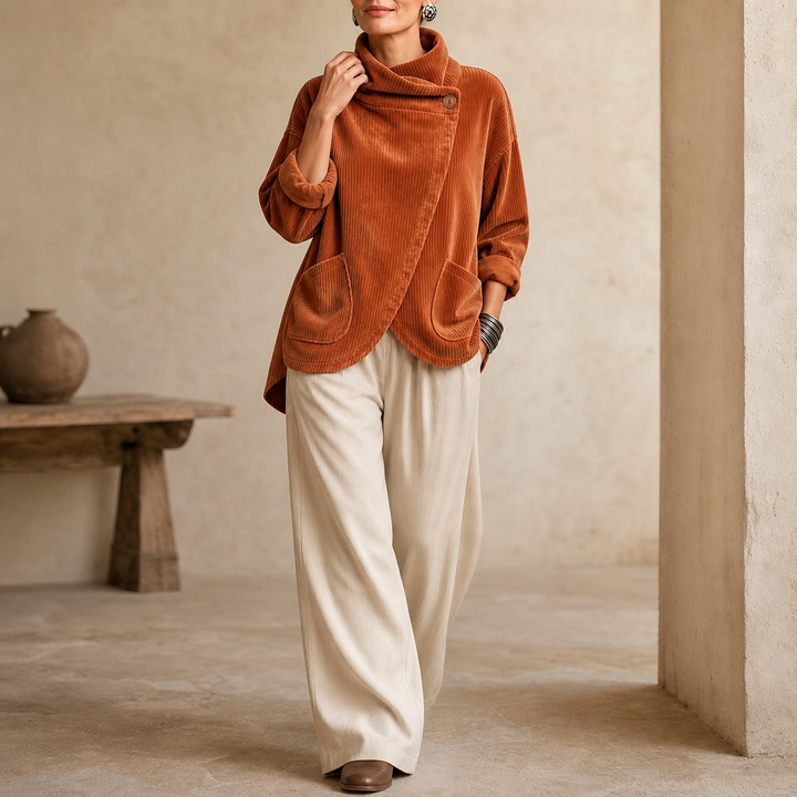 Draperly – Asymetryczna Kurtka z Weluru z Dekoltem w Kształcie Owijanym