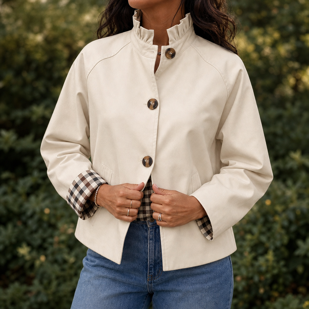 Kurtka Trench Cuff &amp; Collar – Krótka kurtka z falbanami i kołnierzem w kratę