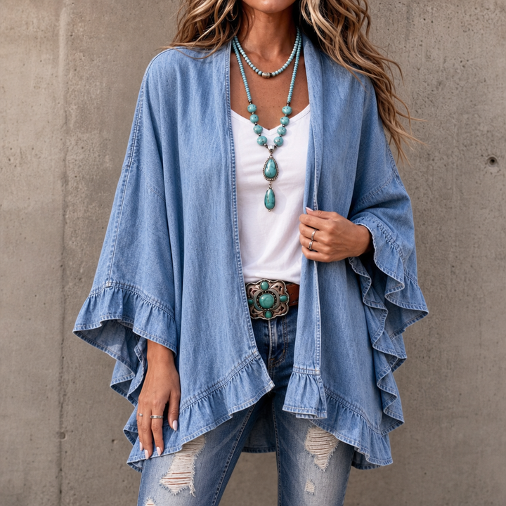 Ruffledenim – Kardigan z wykończeniem falbaną w stylu dżinsowym, otwarty z przodu