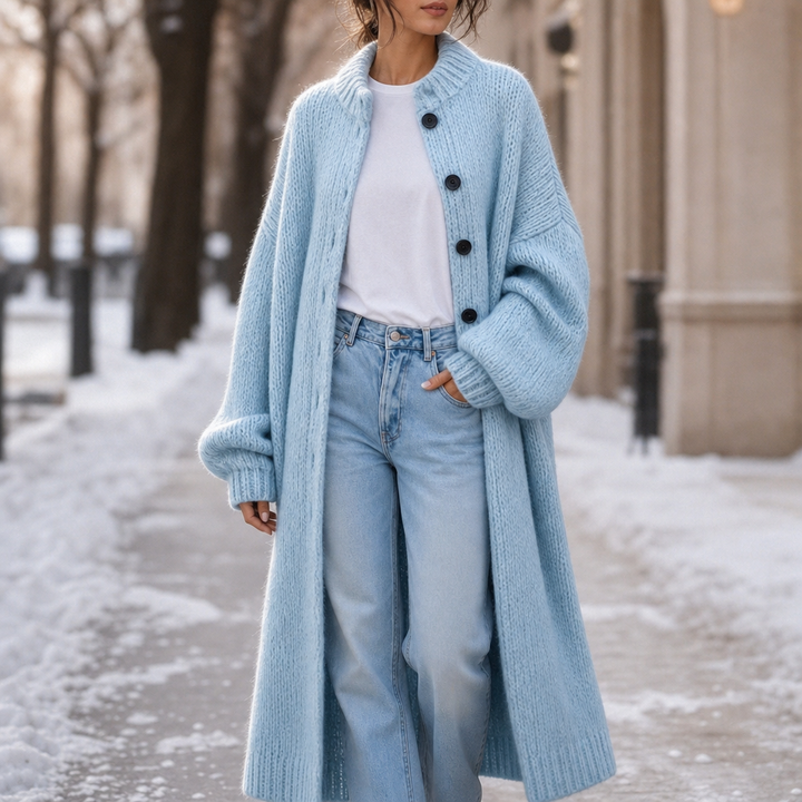 Wearbella – Gruby Sweter-Kurtka z Guzikami do Kolan