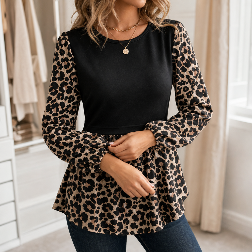 Wearleta – Bluzka z falbanami w stylu peplum z kontrastowymi rękawami w leopardzie