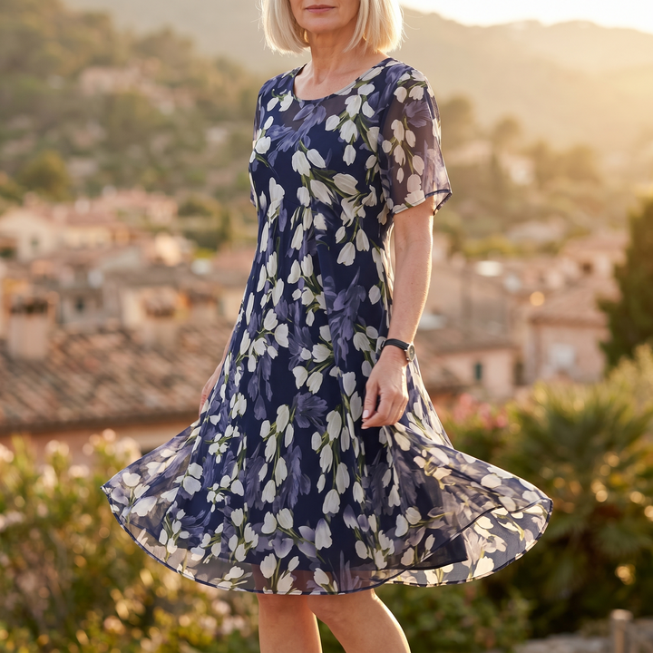 Florenza – Elegancka granatowa sukienka midi w kwiaty dla kobiet