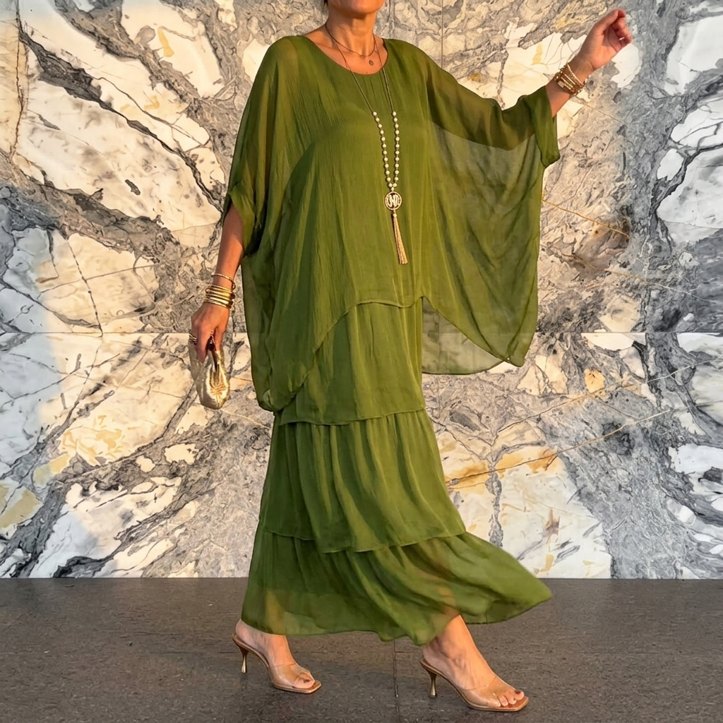 Velara – Damska Maxi Sukienka z Warstwowego Chiffonu