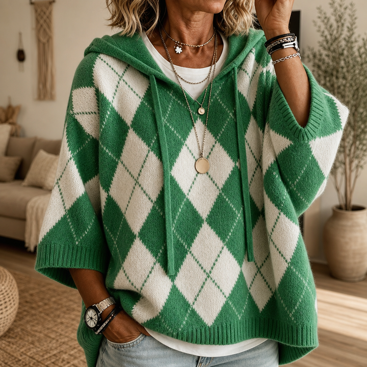 Wrapbella – Sweter Poncho z Kapturem w Wzór Argyle
