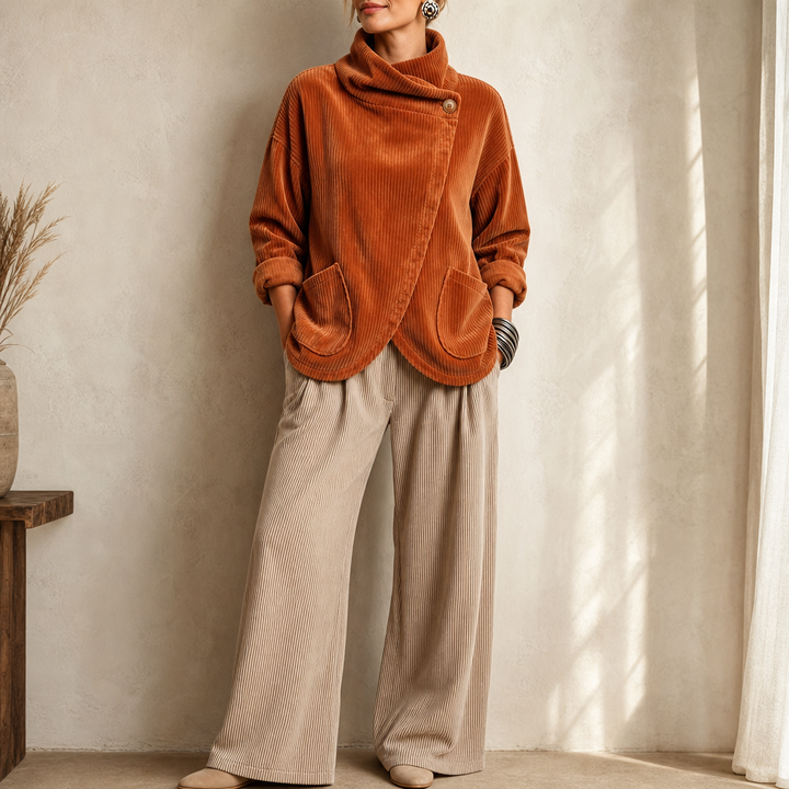 Draperie – Asymetryczny top z guzikiem i sztruksu