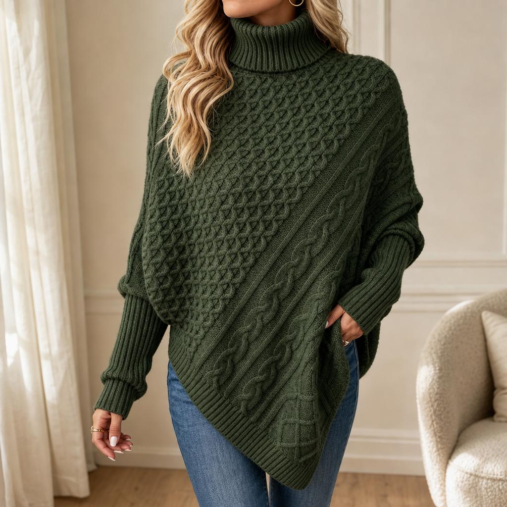 Cable &amp; Cove – Sweter Poncho z Golfem w Warkocze