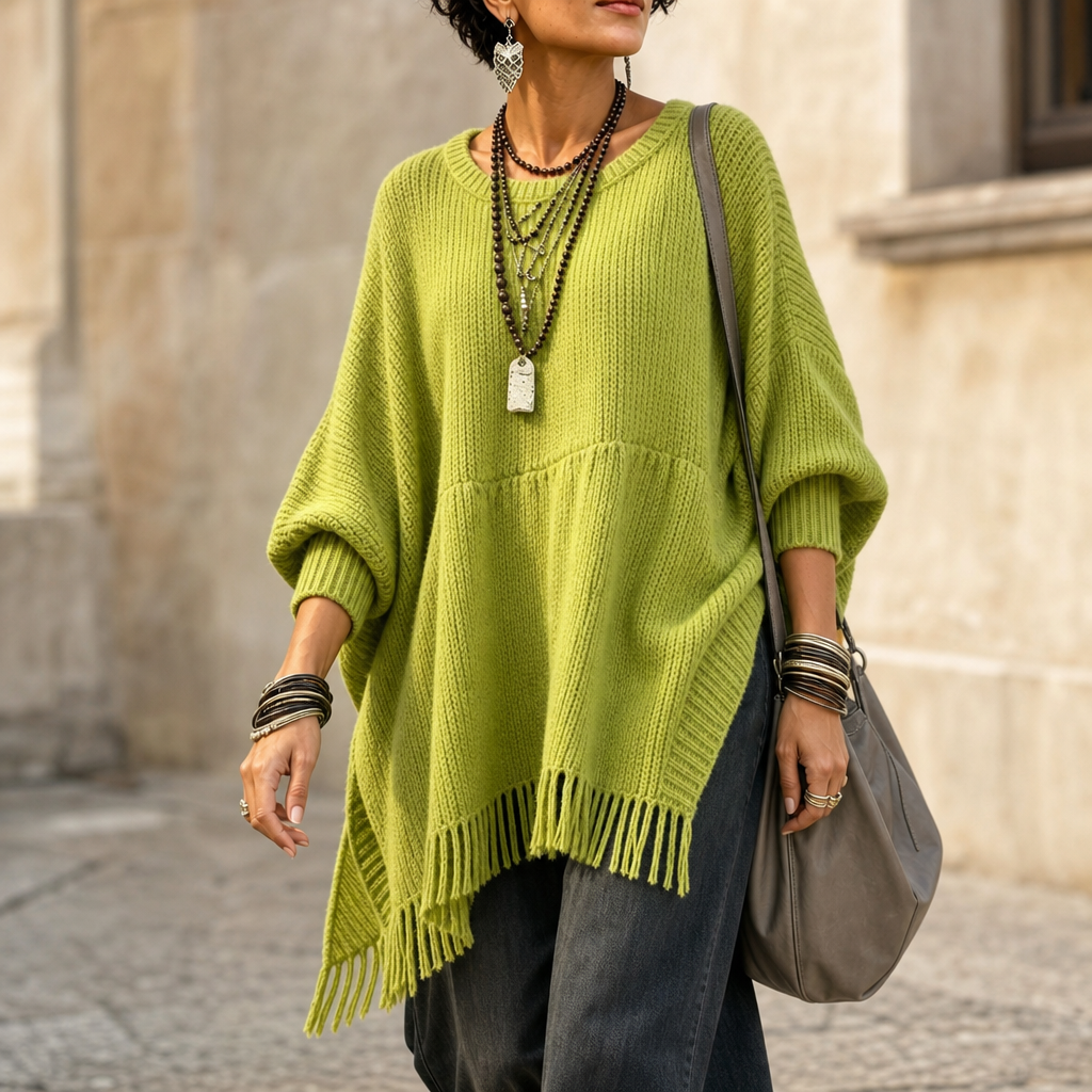 Limehaven – Teksturowany Poncho z Frędzlami i Rękawami Batwing