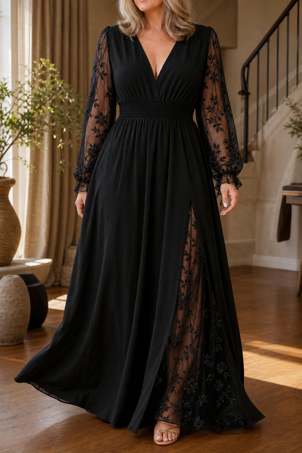 Wearbella – Sukienka maxi z koronkowymi rękawami w kształcie litery A